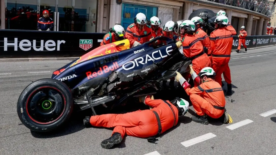 Sergio Perez's wrecked Red Bull.