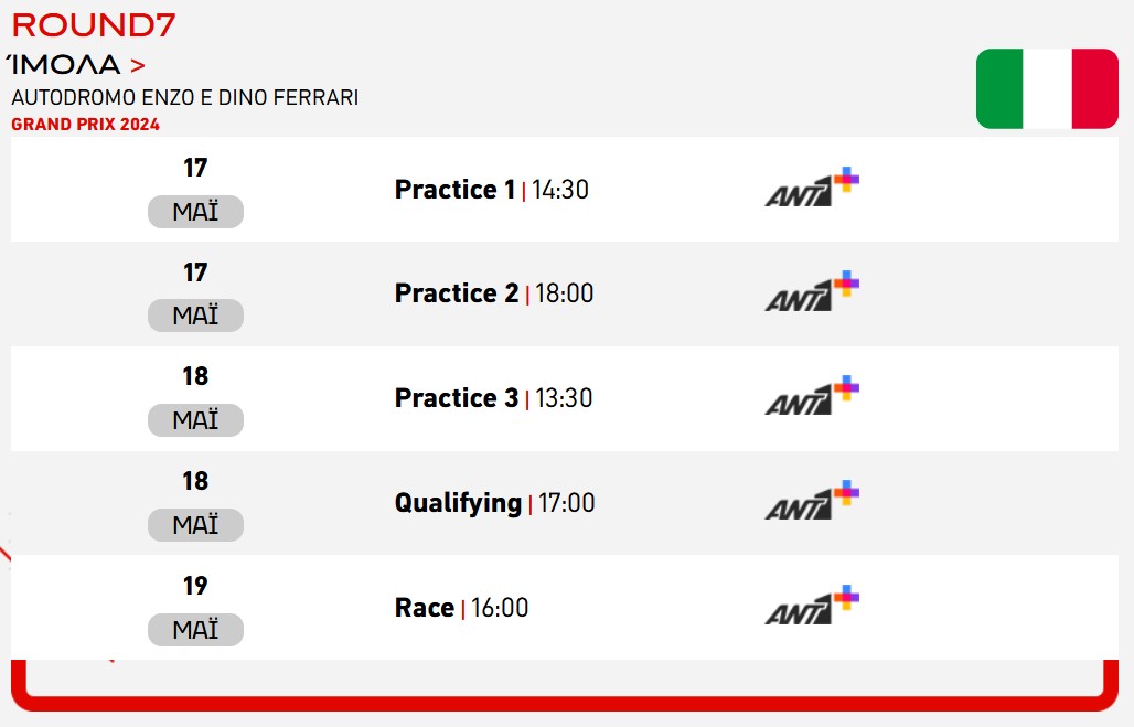 ant1+ f1 italy schedule